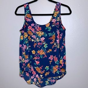 Navy Blue Colorful Floral Flowy Tank Top